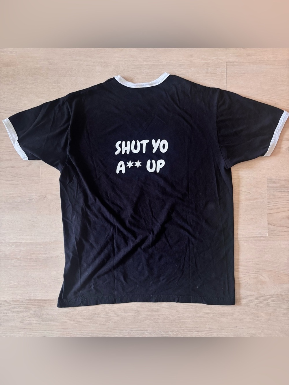 American Apparel Shut Yo Ass Up Funny Graphic Ringer Tee Black White L